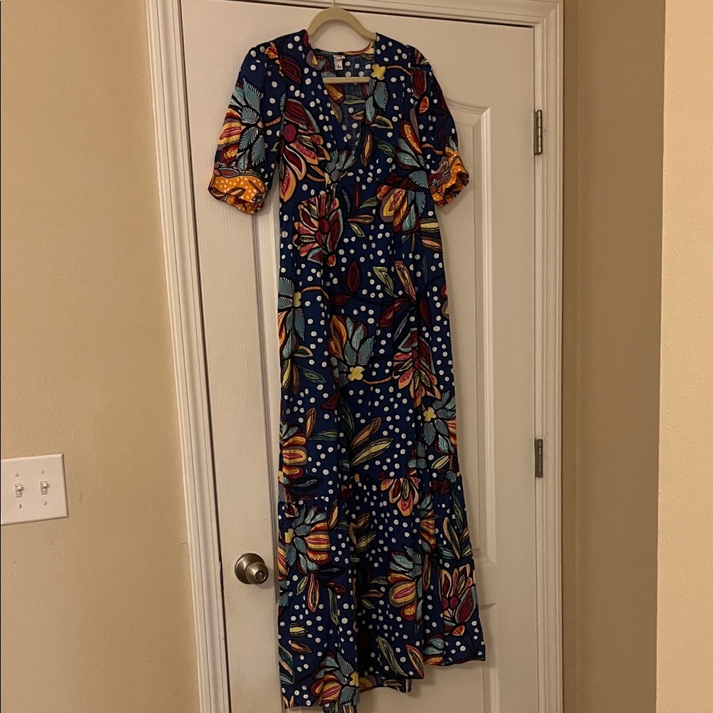 Elegant Floral Maxi Dress - Blue and Orange